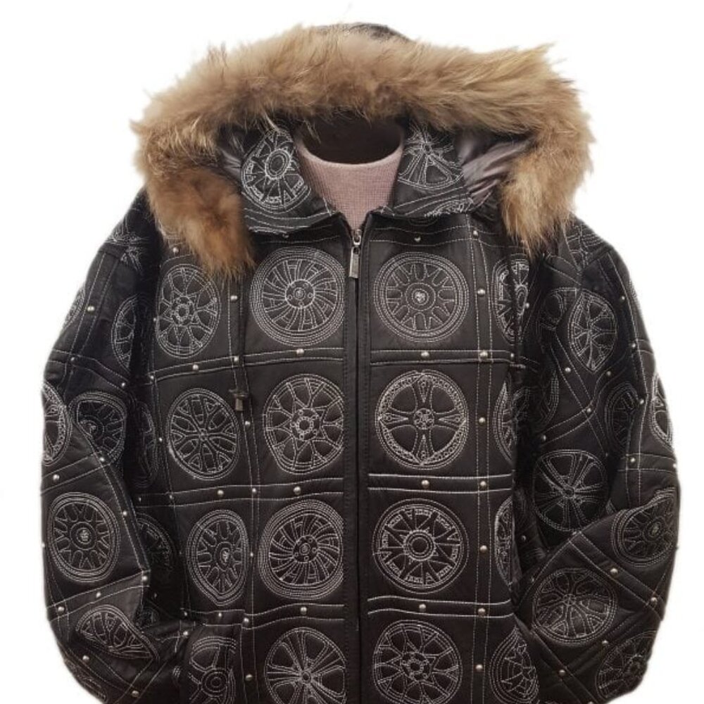 Men’s Big Rims Embroidery Soft Leather Classic Jacket with Fur Hood (BIG AND TAL